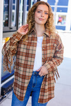 Haptics Boldly You Taupe & Rust Flannel Plaid Fringe Jacket Haptics