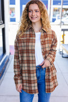 Haptics Boldly You Taupe & Rust Flannel Plaid Fringe Jacket Haptics