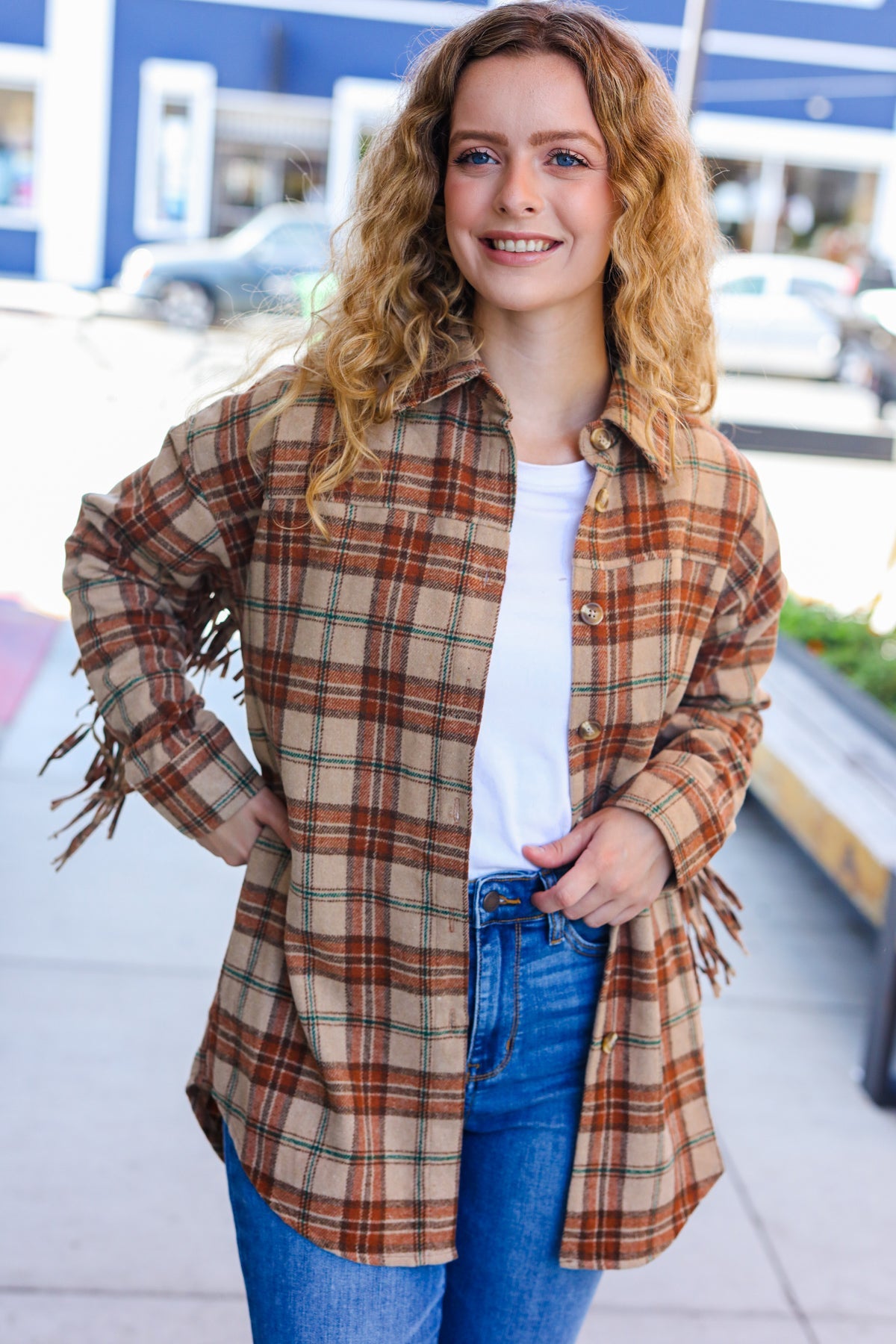 Haptics Boldly You Taupe & Rust Flannel Plaid Fringe Jacket Haptics