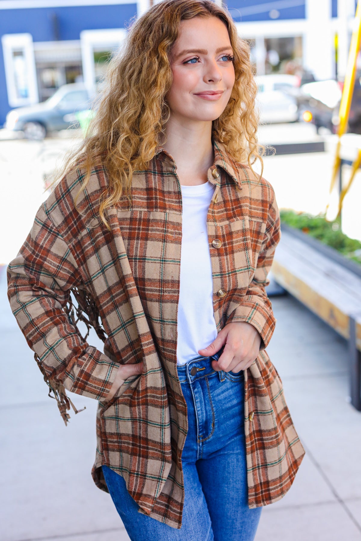 Haptics Boldly You Taupe & Rust Flannel Plaid Fringe Jacket Haptics