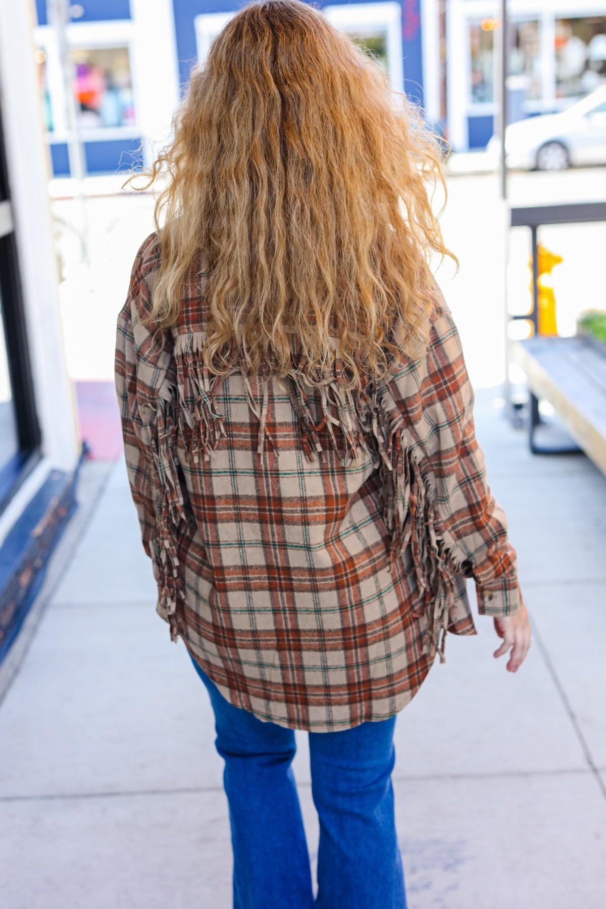 Haptics Boldly You Taupe & Rust Flannel Plaid Fringe Jacket Haptics