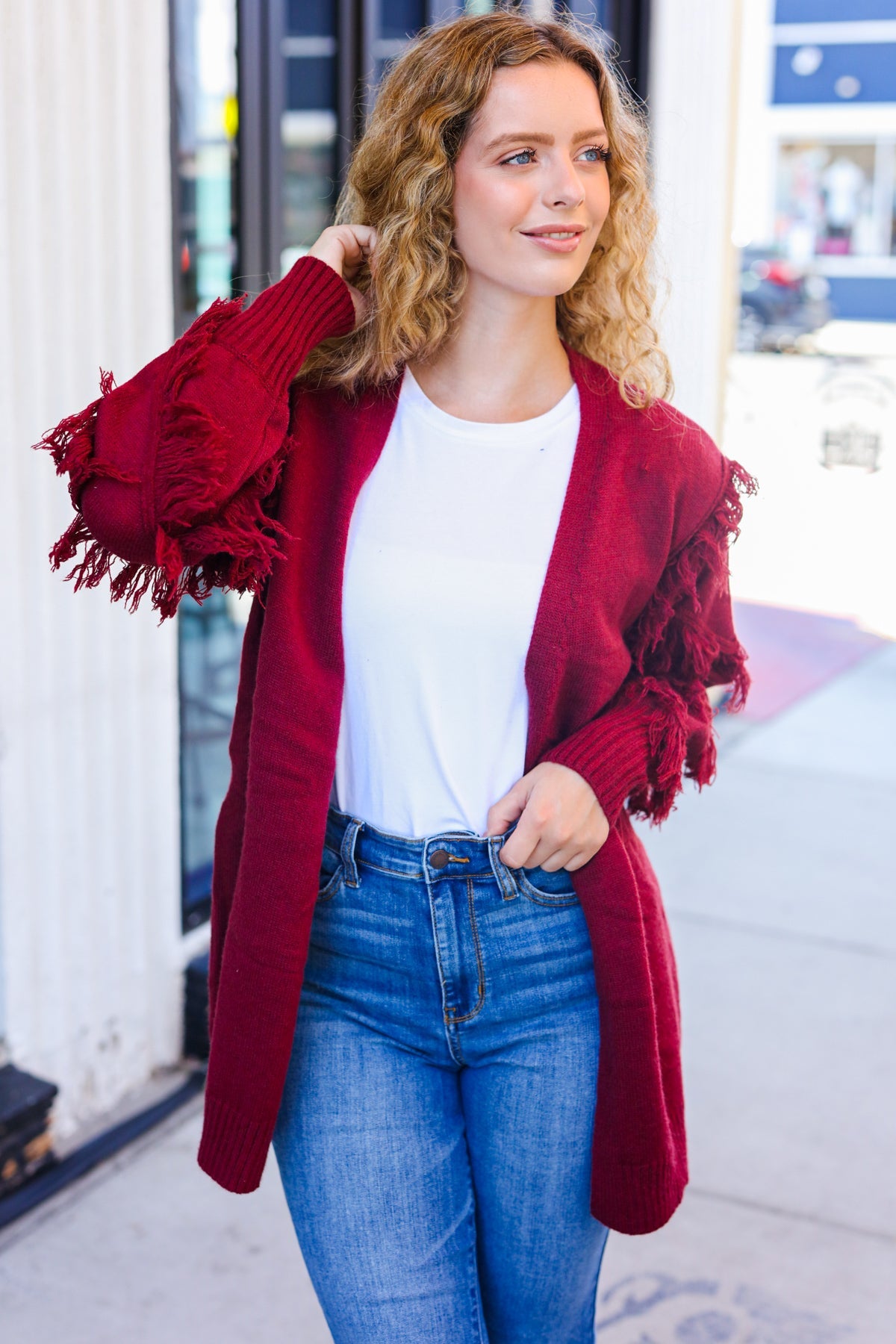 BiBi Burgundy Fringe Detail Knit Cardigan