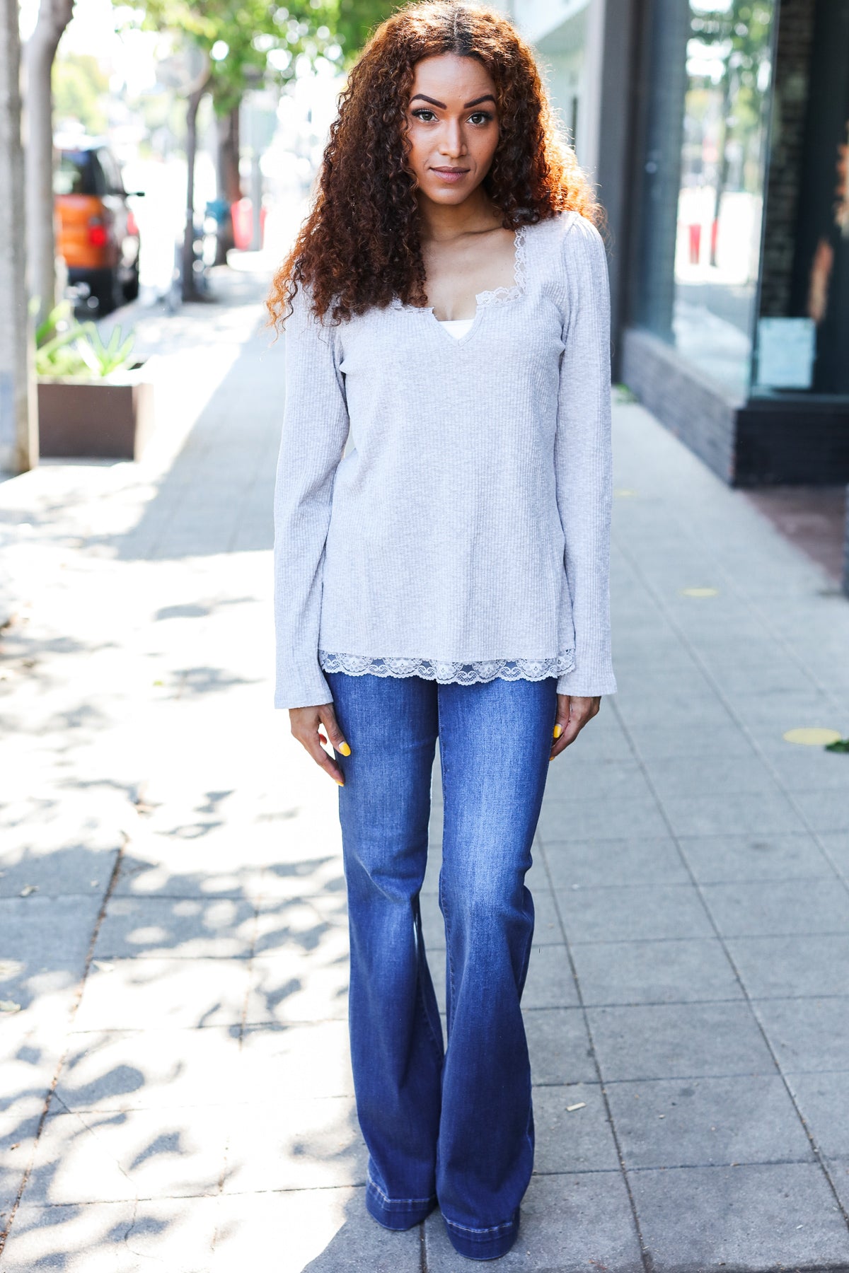 Time After Time Feels Like Love Grey Lace Trim Rib Long Sleeve Top