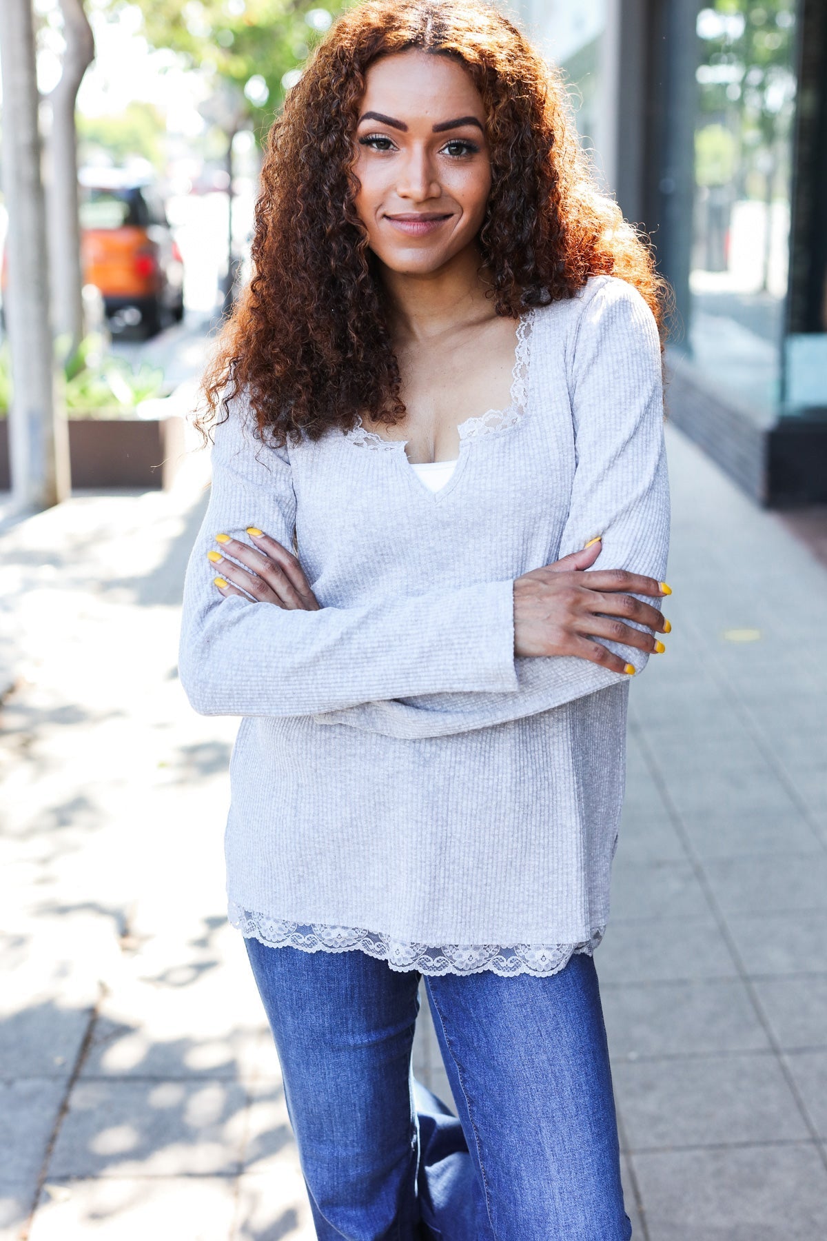 Time After Time Feels Like Love Grey Lace Trim Rib Long Sleeve Top