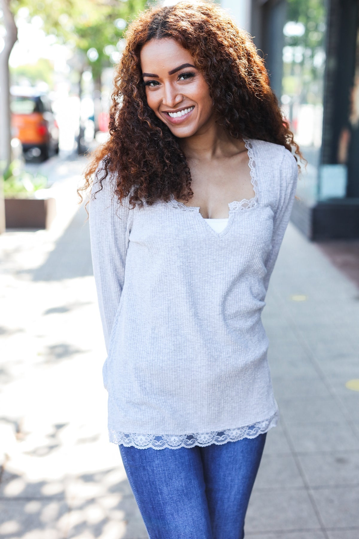 Time After Time Feels Like Love Grey Lace Trim Rib Long Sleeve Top