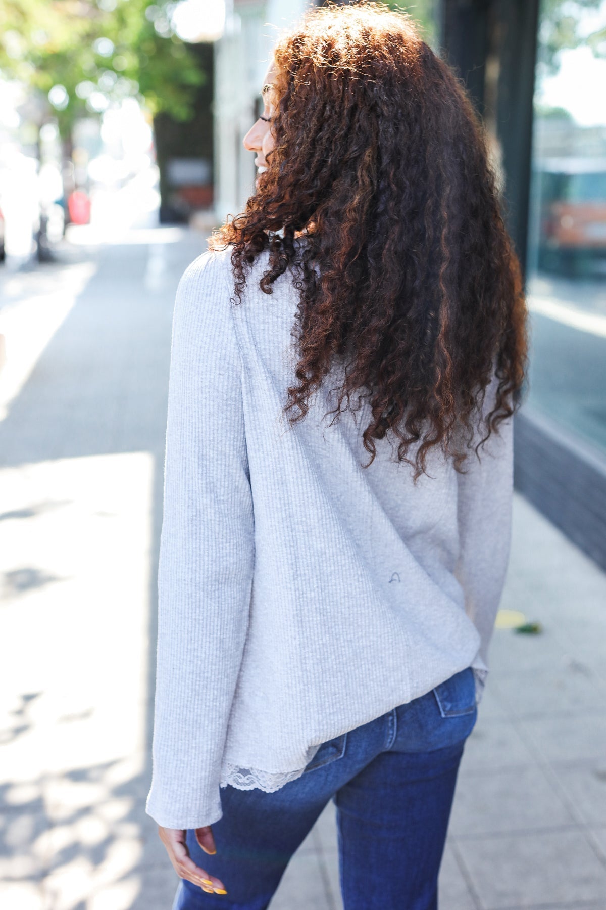 Time After Time Feels Like Love Grey Lace Trim Rib Long Sleeve Top