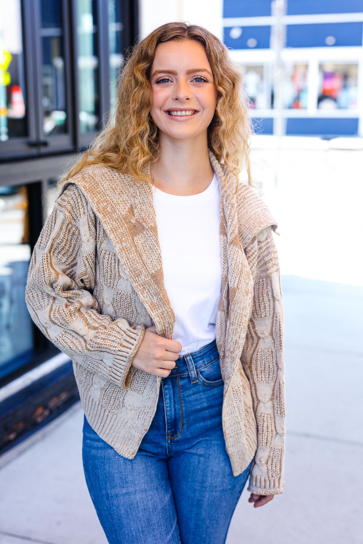 Haptics Autumn Vibes Taupe Textured Cable Knit Collared Cardigan Haptics