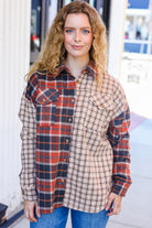 Haptics Make A Statement Rust & Taupe Plaid Color Block Shacket Final Sale