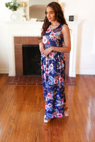 Haptics Navy Floral Fit and Flare Sleeveless Maxi Dress Haptics