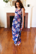 Haptics Navy Floral Fit and Flare Sleeveless Maxi Dress Haptics