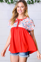 Haptics Red Boho Print Tie Neck Dolman Top Final Sale Haptics