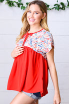 Haptics Red Boho Print Tie Neck Dolman Top Final Sale Haptics