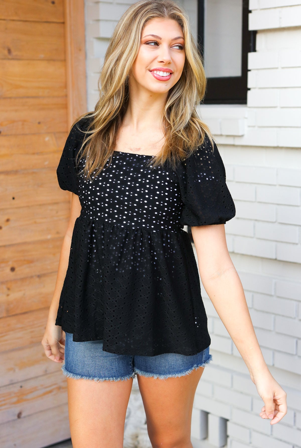 Haptics Black Eyelet Puff Sleeve Babydoll Blouse Final Sale