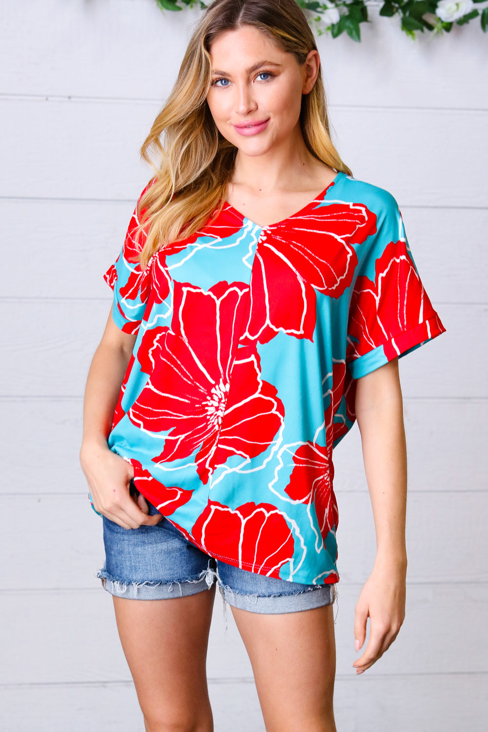 Haptics Teal & Cherry Red Floral Print V Neck Top Final Sale