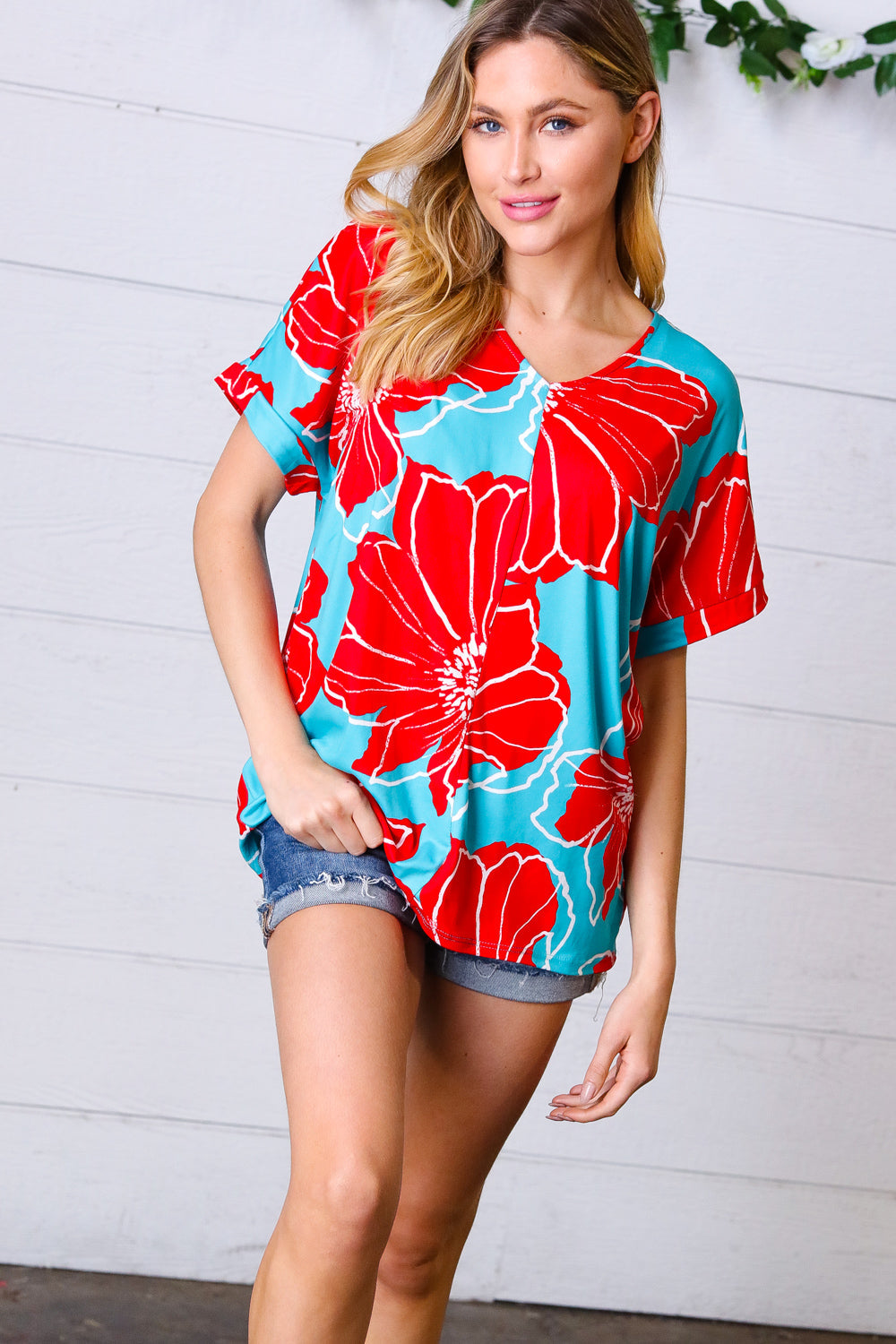 Haptics Teal & Cherry Red Floral Print V Neck Top Final Sale