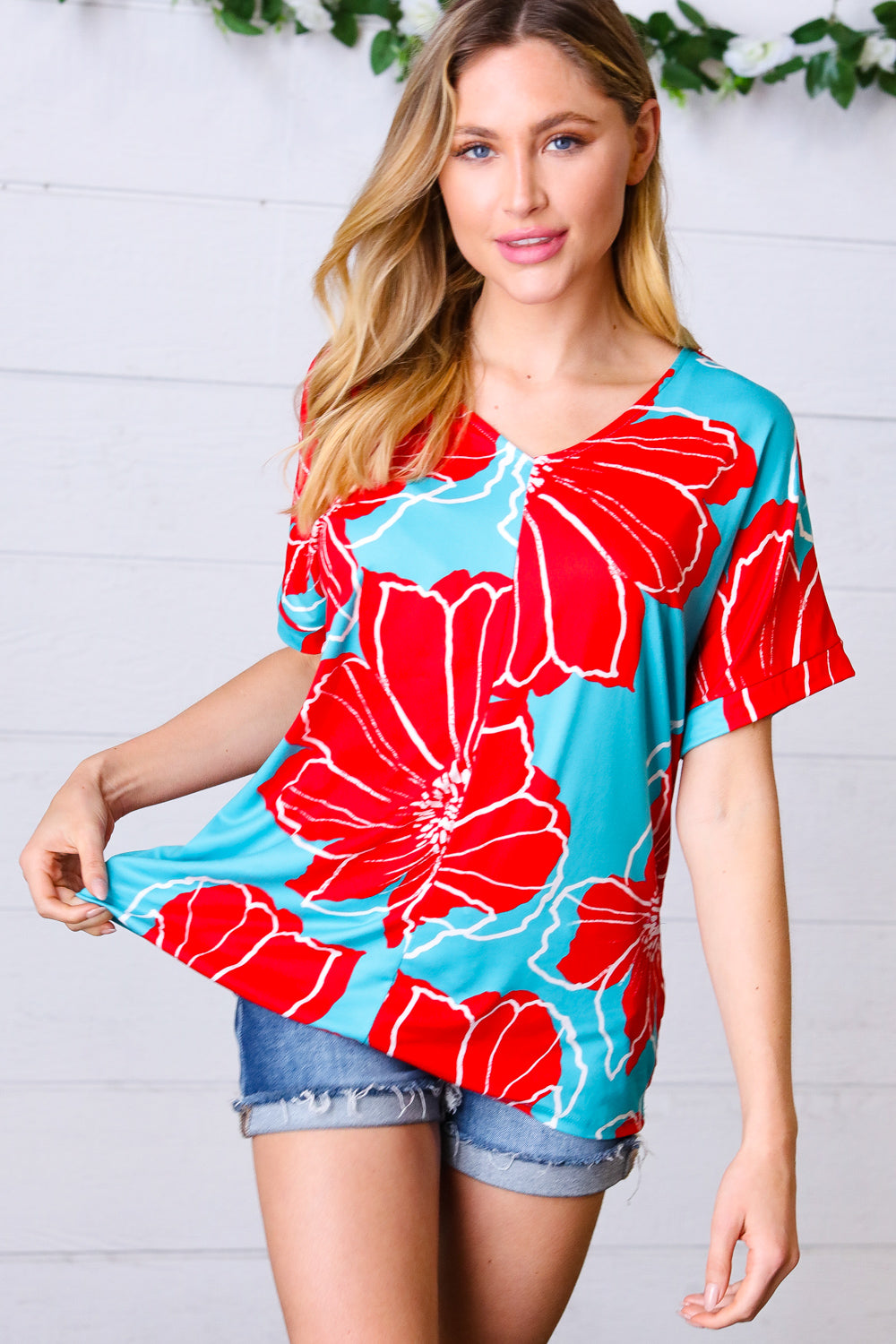 Haptics Teal & Cherry Red Floral Print V Neck Top Final Sale