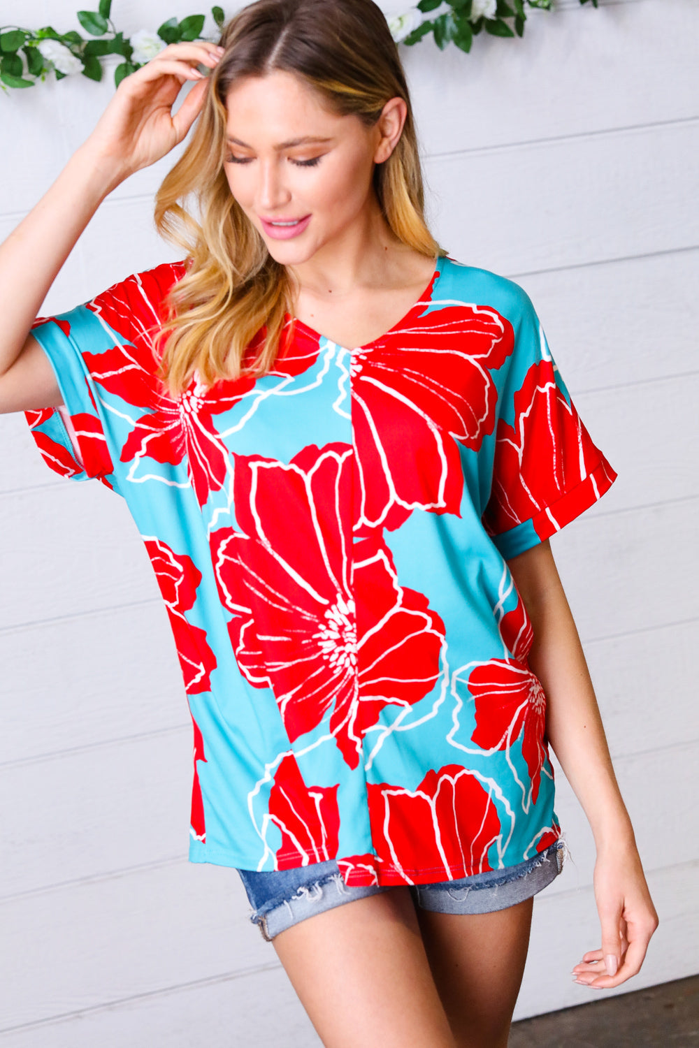 Haptics Teal & Cherry Red Floral Print V Neck Top Final Sale
