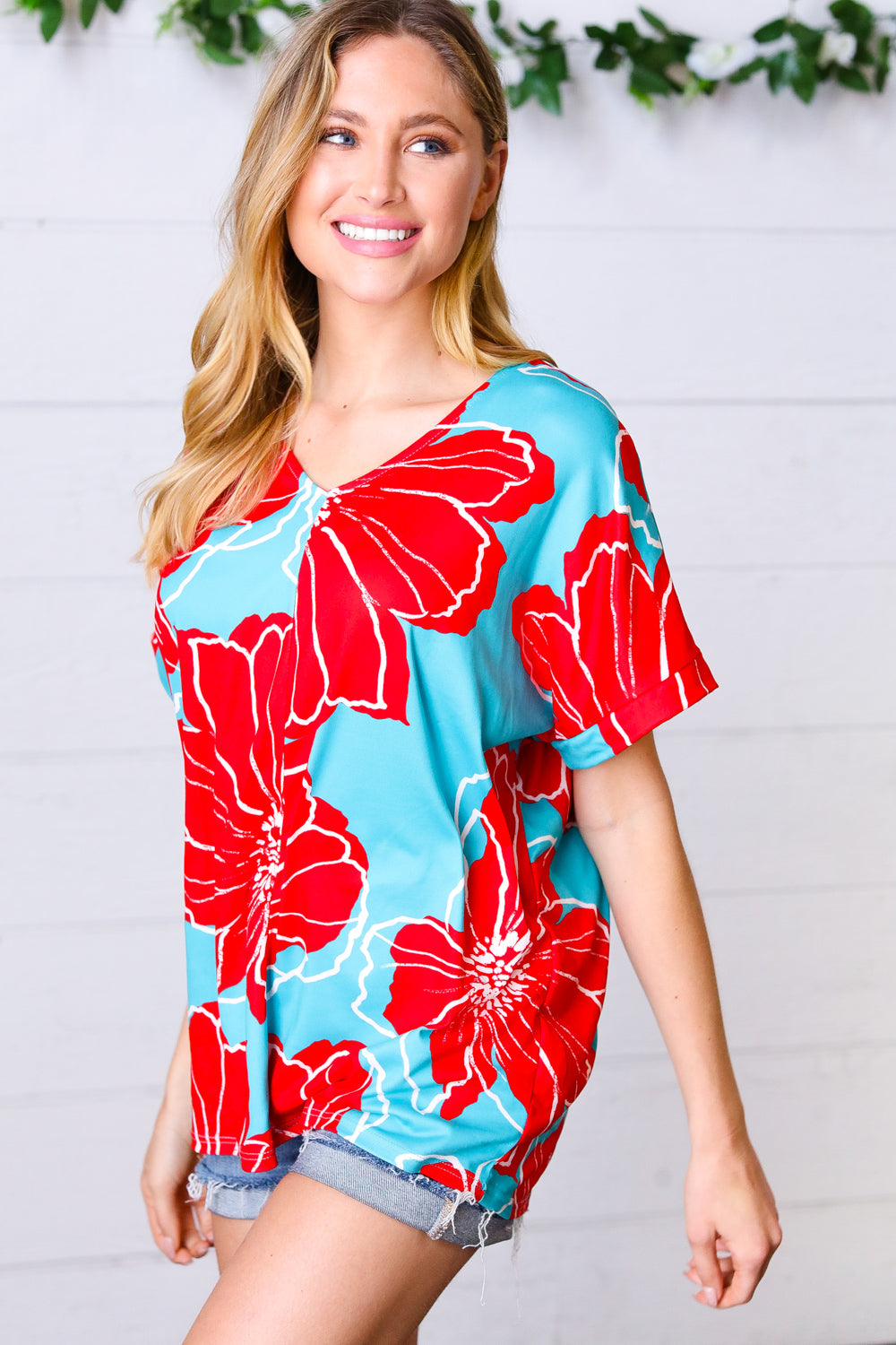 Haptics Teal & Cherry Red Floral Print V Neck Top Final Sale