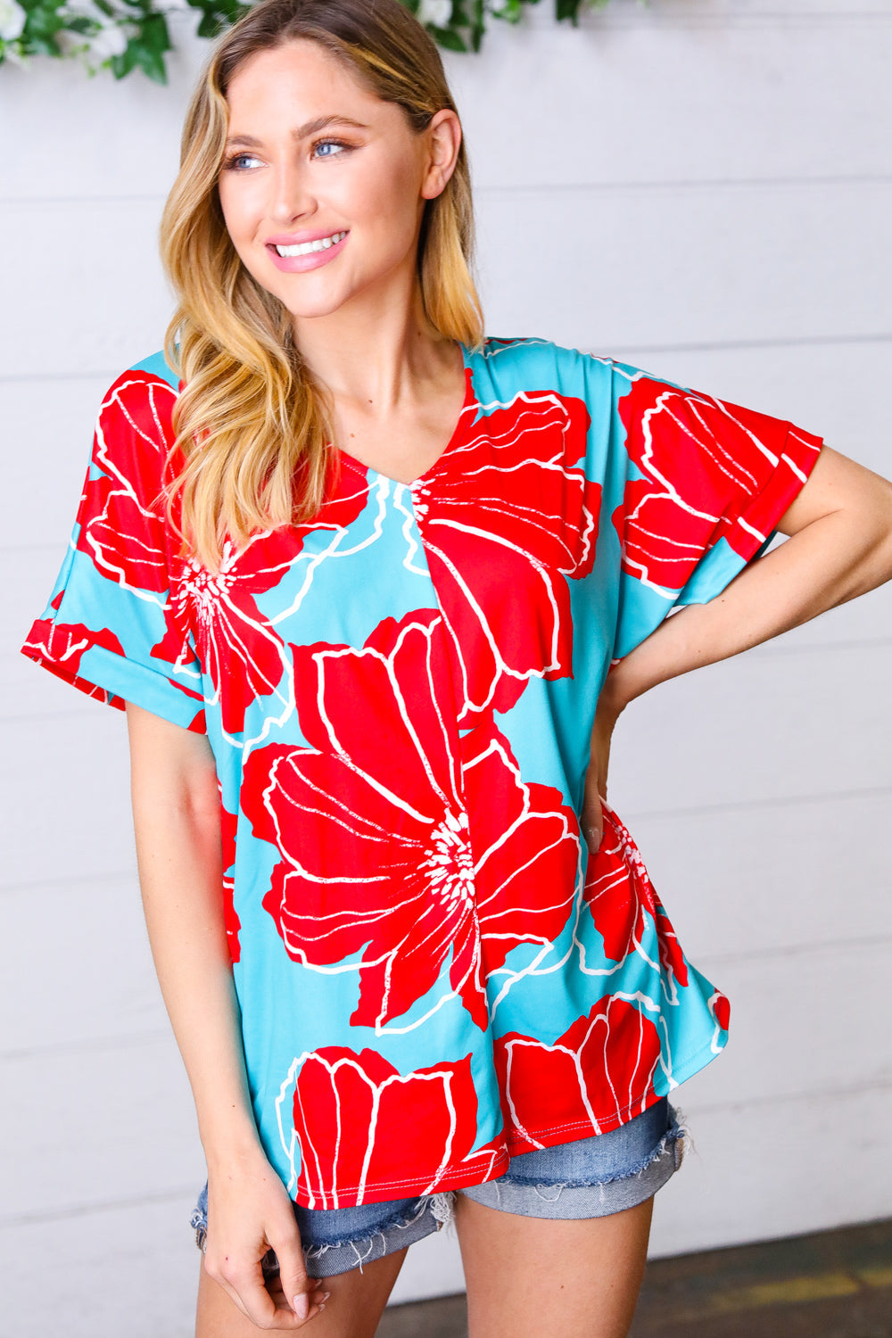 Haptics Teal & Cherry Red Floral Print V Neck Top Final Sale