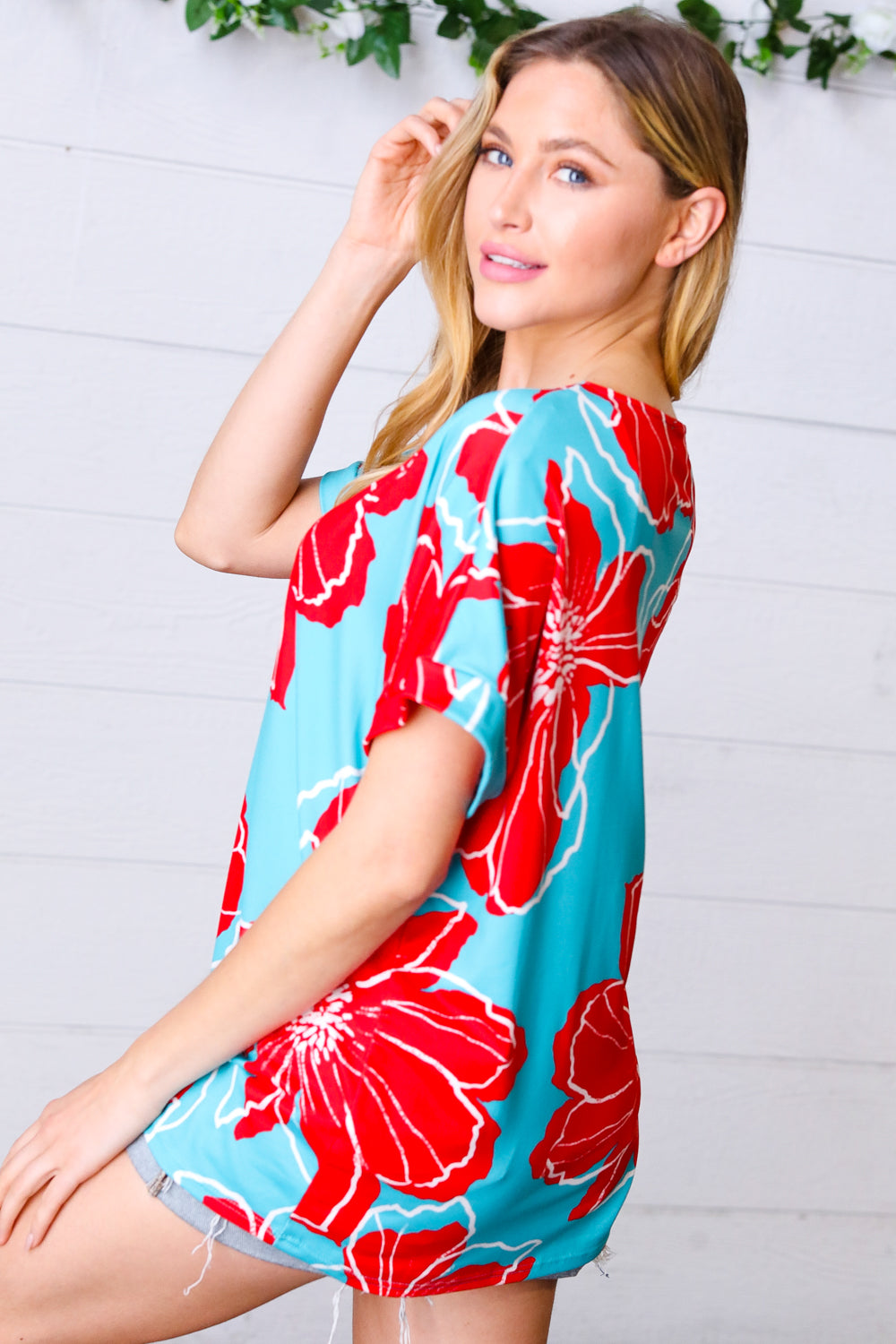 Haptics Teal & Cherry Red Floral Print V Neck Top Final Sale