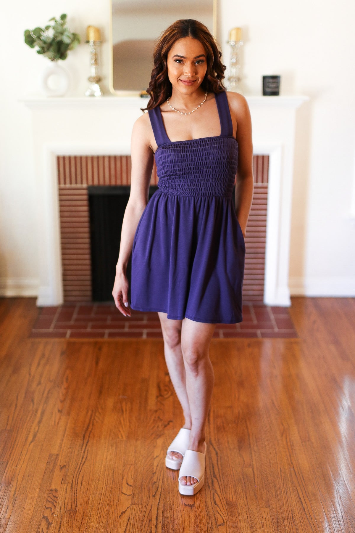 Haptics Indigo Terry Smocked Tank Top Baggy Shorts Romper Final Sale
