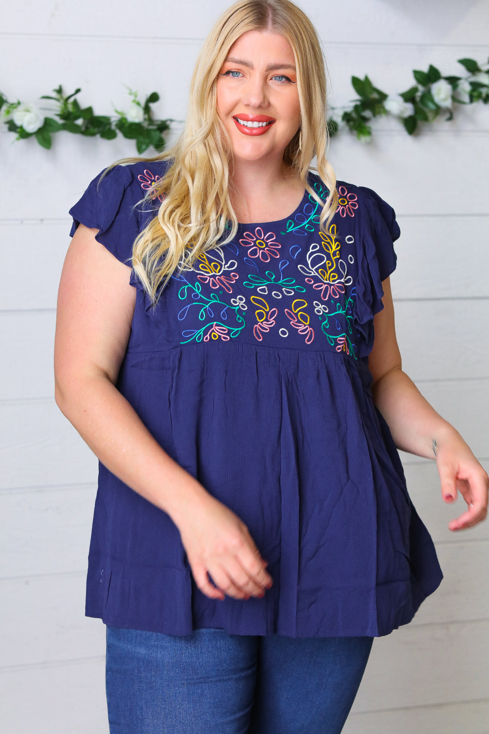 Haptics Navy Floral Embroidered Flutter Sleeve Top