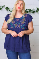 Haptics Navy Floral Embroidered Flutter Sleeve Top