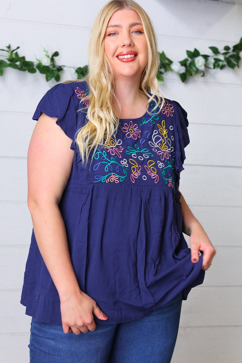 Haptics Navy Floral Embroidered Flutter Sleeve Top