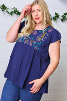 Haptics Navy Floral Embroidered Flutter Sleeve Top