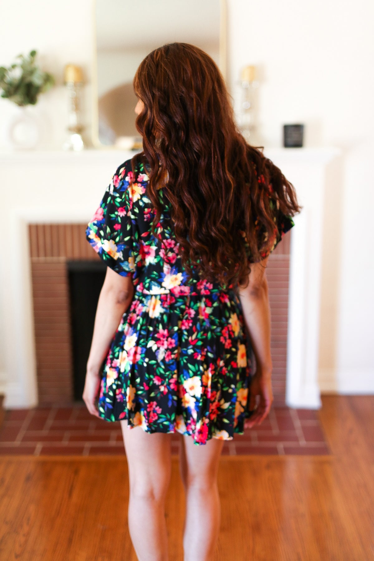 Haptics Multicolor Floral Surplice Short Sleeve Pocketed Romper Haptics