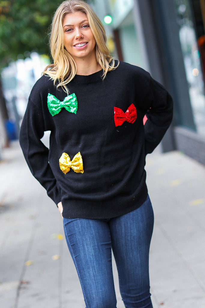 Haptics Be Merry Black Multicolor Sequin Bow Knit Sweater Haptics