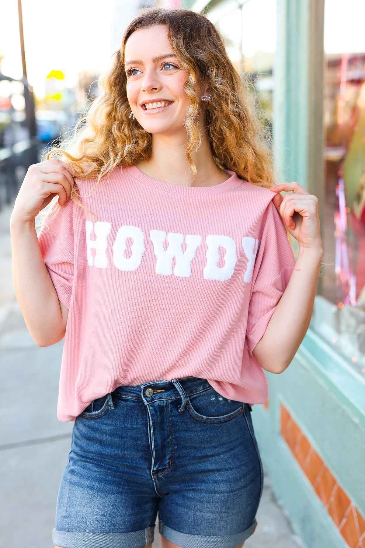 Haptics Pink Pop-Up Embroidered "HOWDY" Ribbed Top Final Sale Haptics