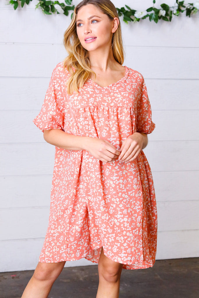 Haptics Peach Ditzy Floral Woven Dolman V Neck Dress Haptics