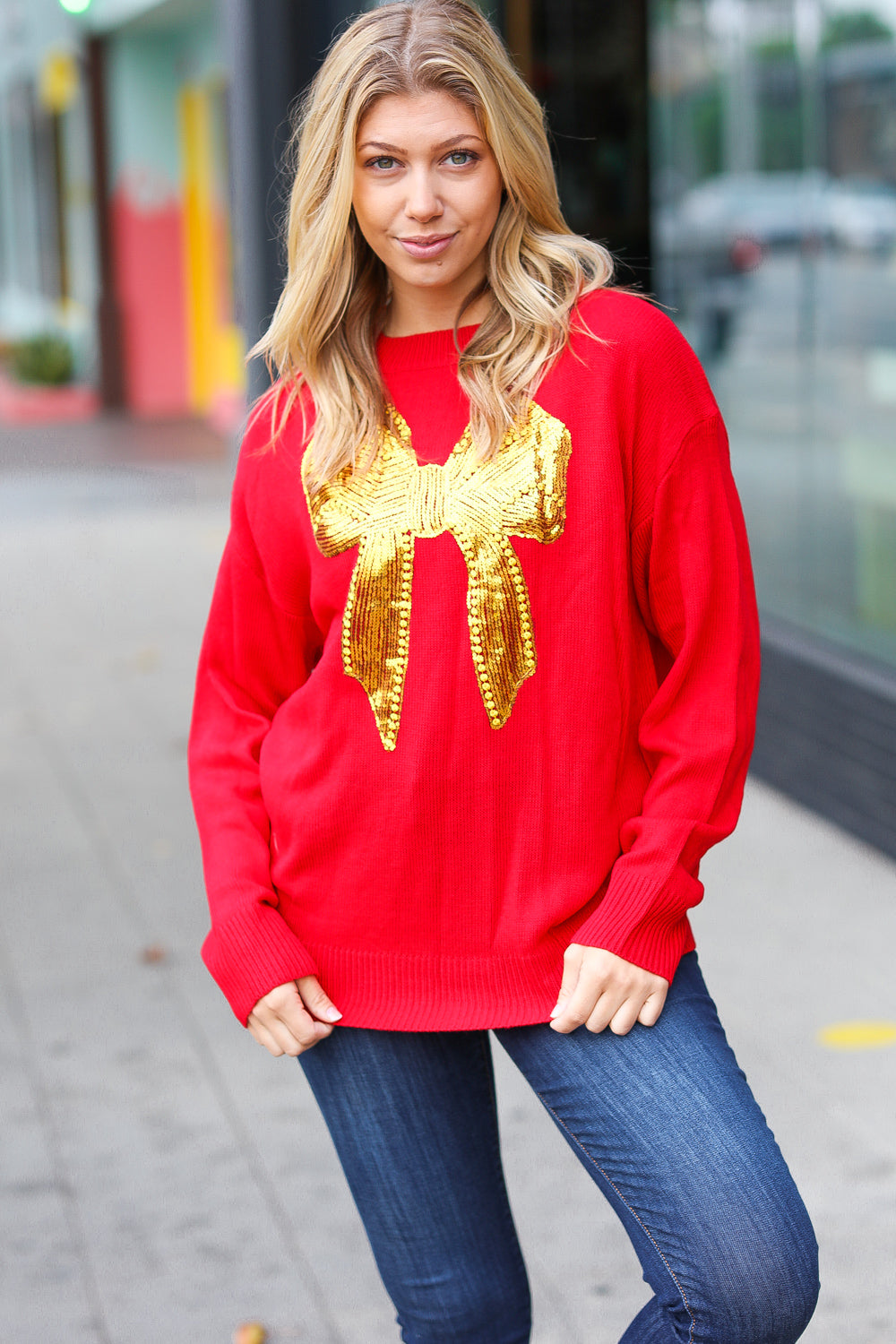 Haptics All I Want Red Sequin Bow Embroidery Knit Sweater Haptics