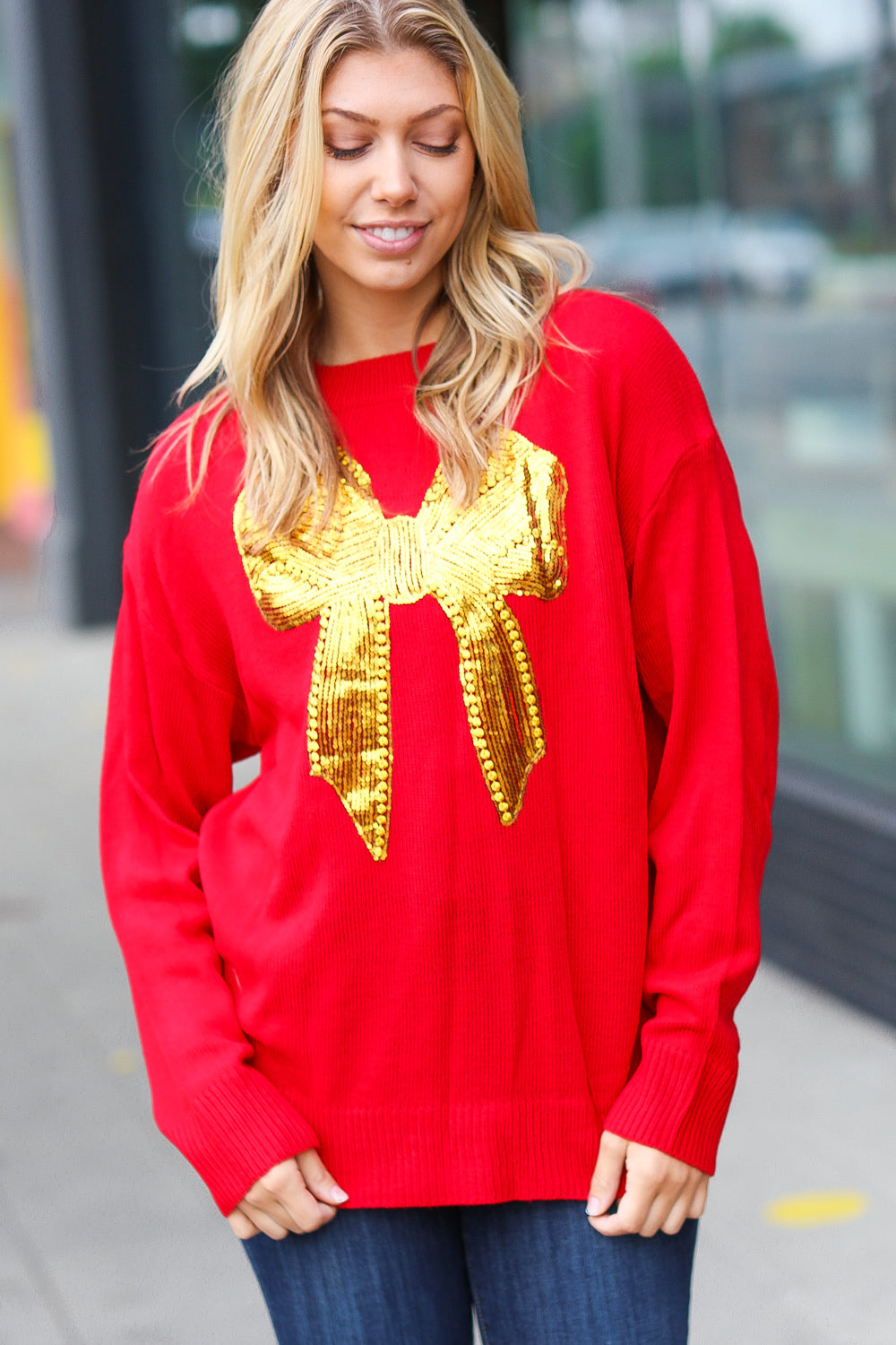 Haptics All I Want Red Sequin Bow Embroidery Knit Sweater Haptics