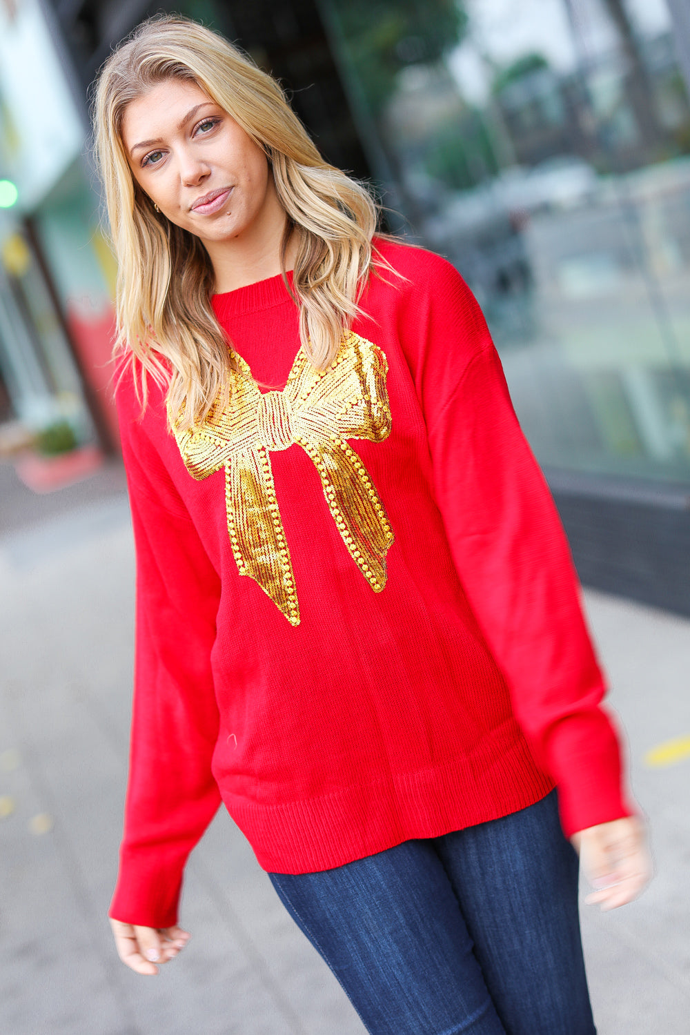 Haptics All I Want Red Sequin Bow Embroidery Knit Sweater Haptics