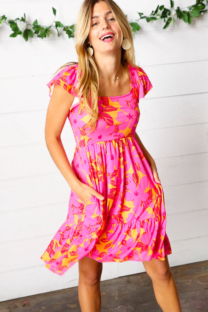 Haptics Fuchsia & Orange Tropical Floral Square Neck Dress Haptics
