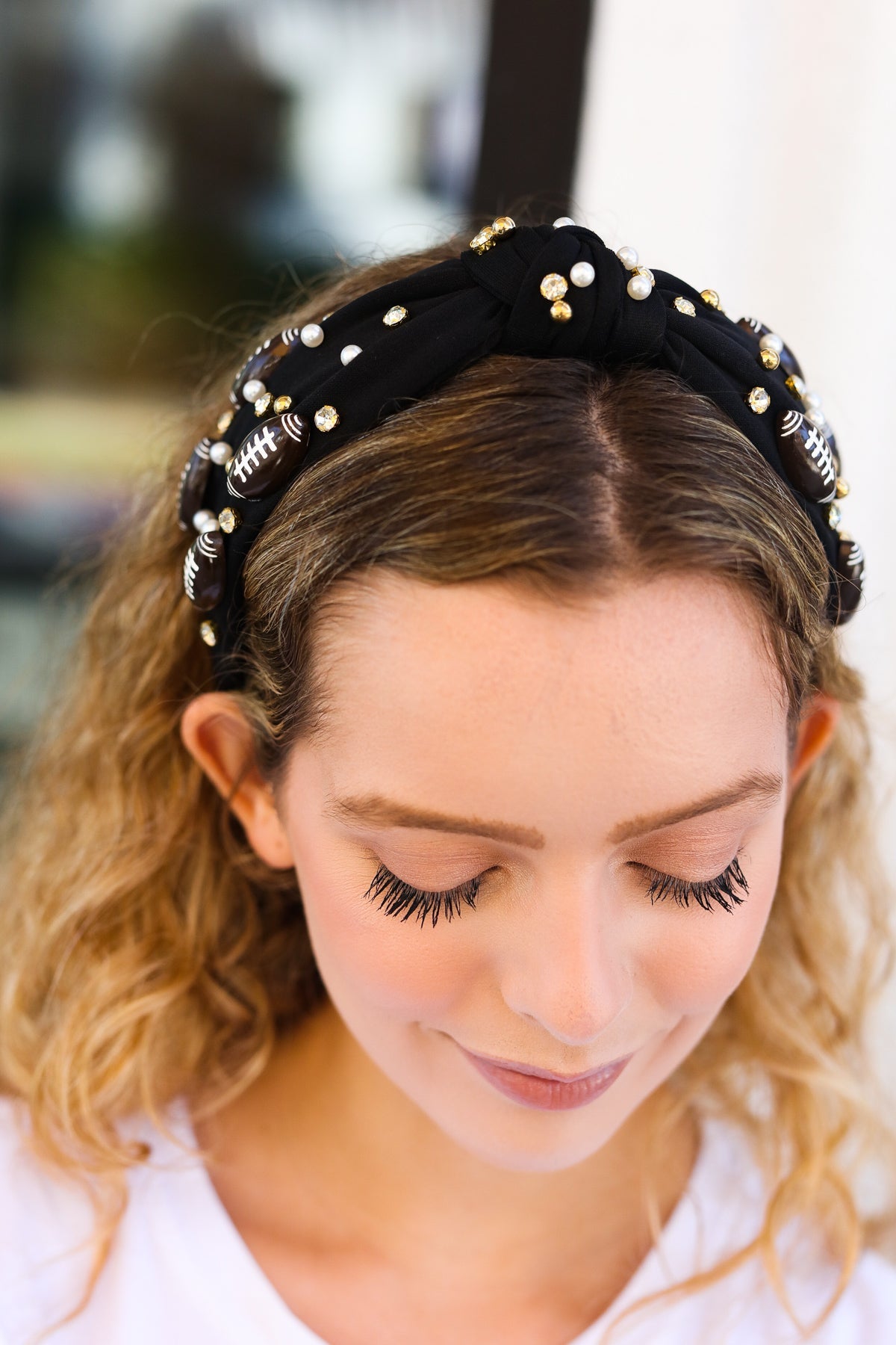 Black Stone & Gem Football Embellished Top Knot Headband Jane Ruth