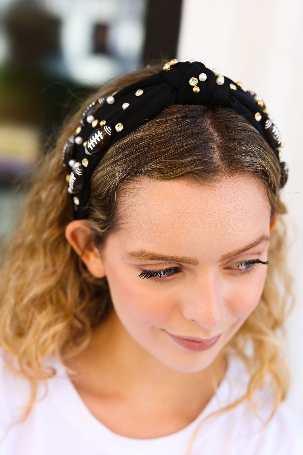 Black Stone & Gem Football Embellished Top Knot Headband Jane Ruth