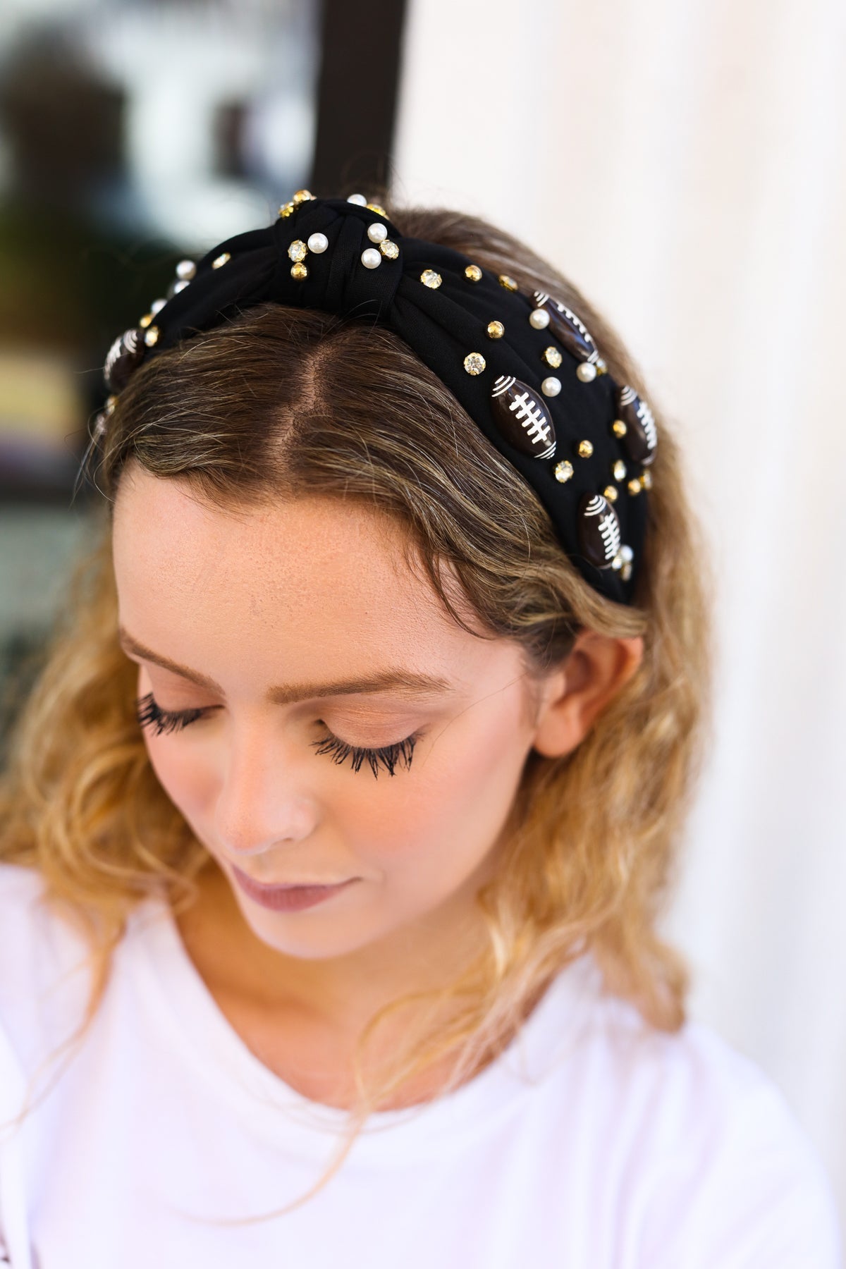 Black Stone & Gem Football Embellished Top Knot Headband Jane Ruth