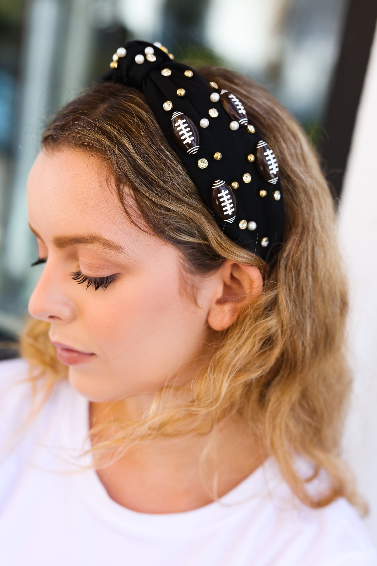 Black Stone & Gem Football Embellished Top Knot Headband Jane Ruth