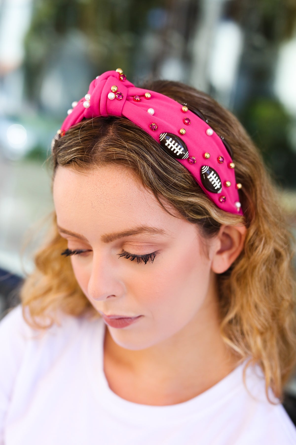 Fuchsia Stone & Gem Football Embellished Top Knot Headband Jane Ruth