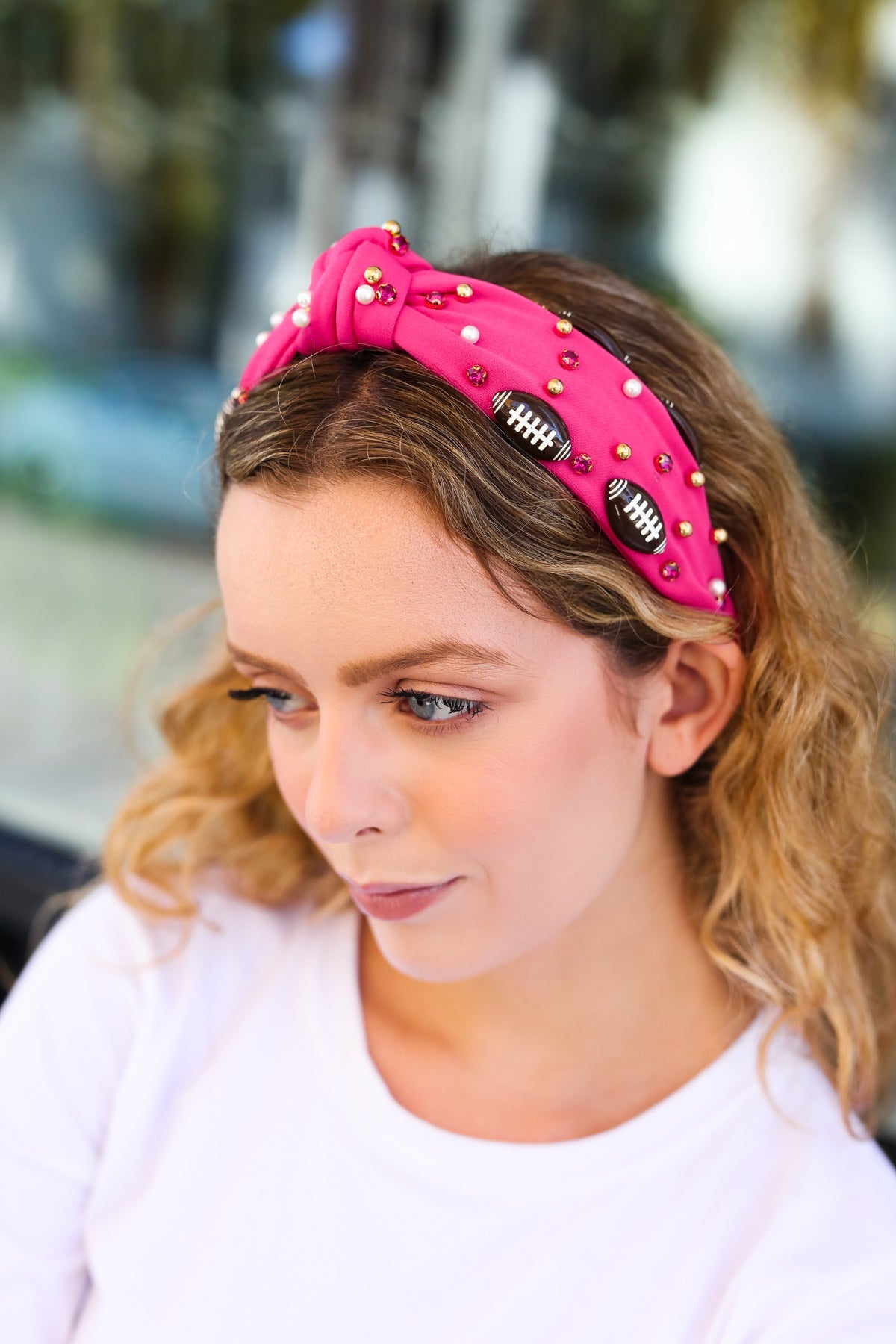 Fuchsia Stone & Gem Football Embellished Top Knot Headband Jane Ruth