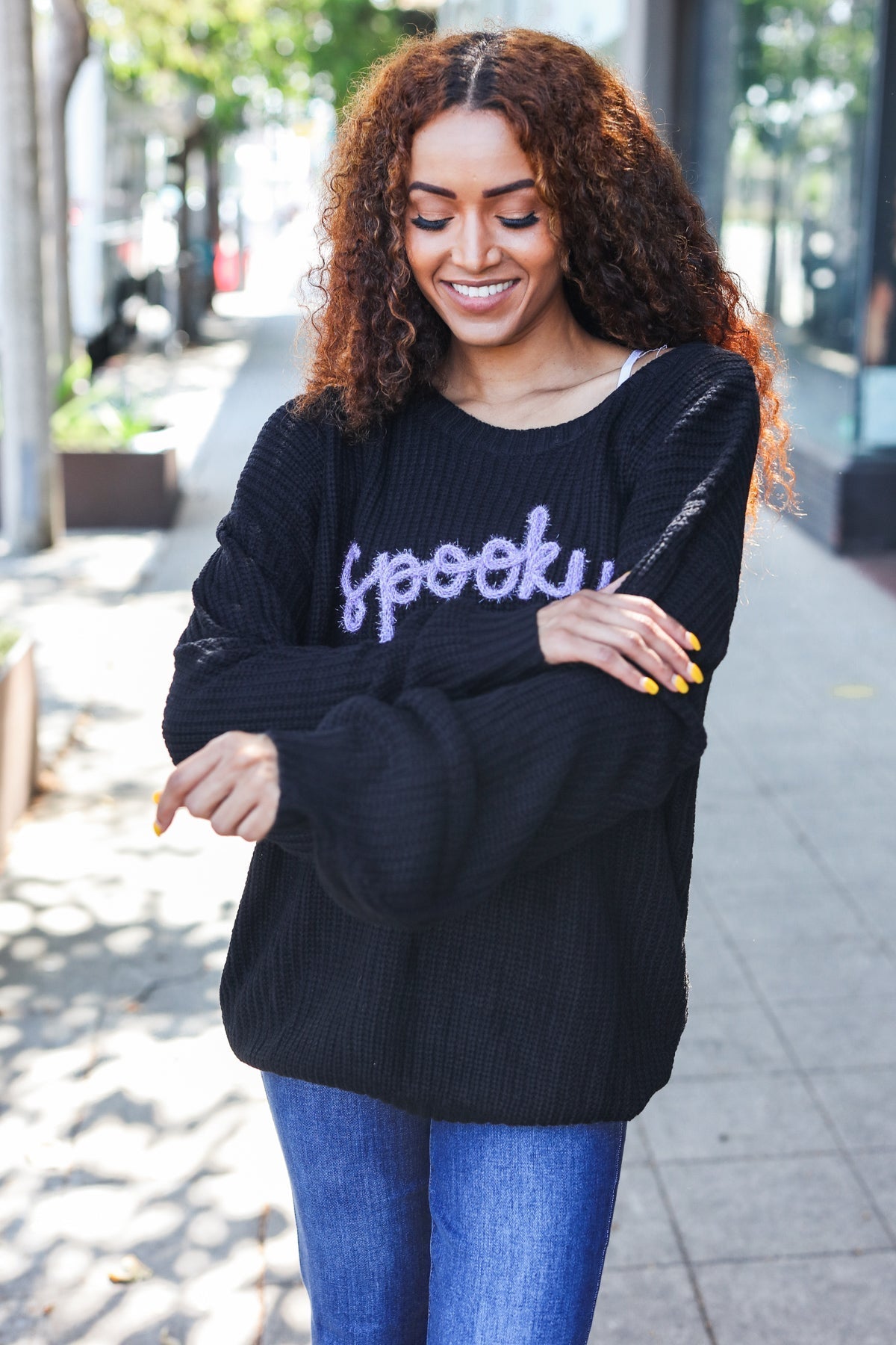 Haptics Black Embroidered "Spooky" Chunky Sweater Haptics