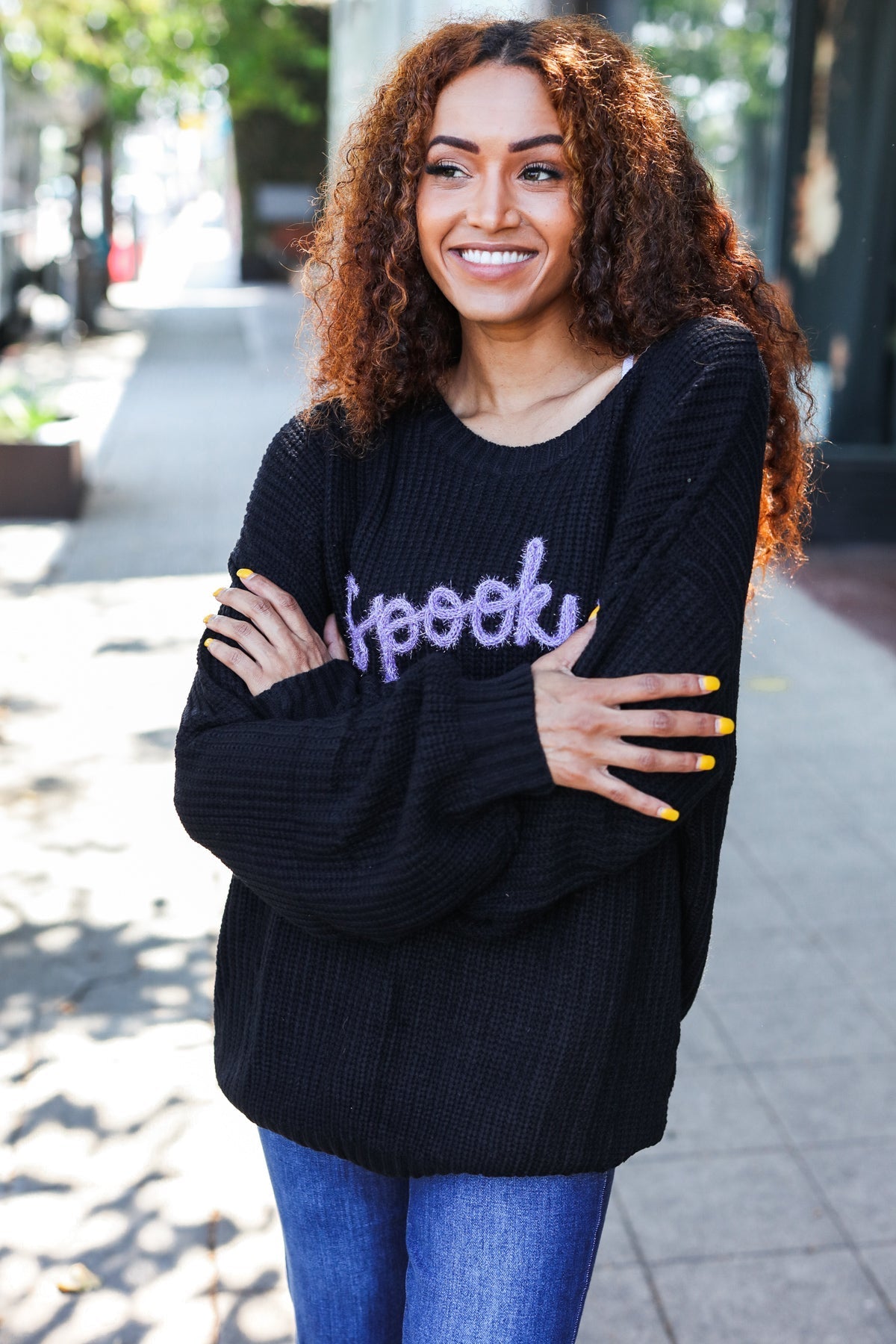 Haptics Black Embroidered "Spooky" Chunky Sweater Haptics