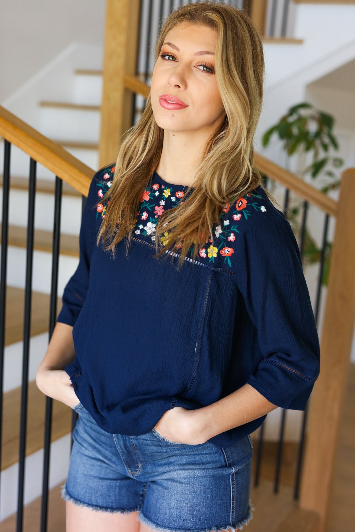 Forgotten Grace In Your Dreams Navy Floral Embroidery Ladder Trim Blouse Forgotten Grace