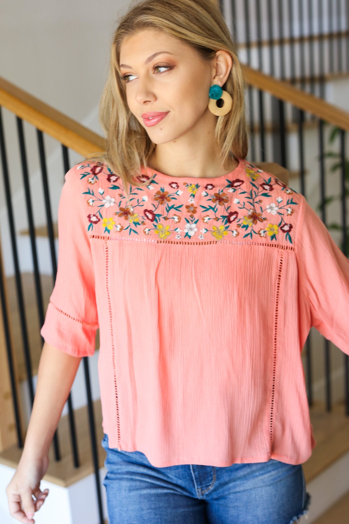 Forgotten Grace In Your Dreams Peach Floral Embroidery Ladder Trim Blouse Forgotten Grace