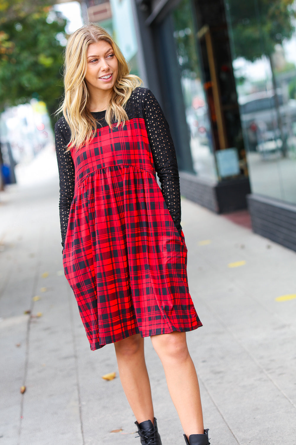 Haptics Red & Black Holiday Checker Plaid Eyelet Twofer Midi Dress Haptics