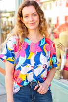 Haptics Navy & Yellow Tropical Floral V Neck Top 07-01-25 Summer Sale