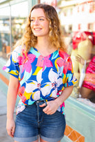 Haptics Navy & Yellow Tropical Floral V Neck Top 07-01-25 Summer Sale